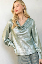 Load image into Gallery viewer, Woman wearing a silver metallic top against a plain background
