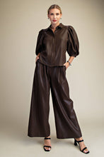Load image into Gallery viewer, Dark chocolate brown metallic coated puff sleeve button down top.