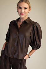 Load image into Gallery viewer, Dark chocolate brown metallic coated puff sleeve button down top.