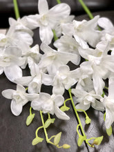 Load image into Gallery viewer, White orchids on black leather couch: lifelike faux stems with bendable stems. Perfect for large arrangements, centerpieces, or cut for corsages, boutonnieres, and bouquets. 7 real touch blooms per stem.