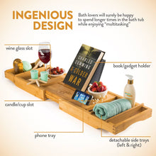 Load image into Gallery viewer, Bambusi bathtub tray with extendable sides, non-slip grips, phone tray, wine glass holder, and space for books or tablets.