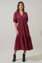 Load image into Gallery viewer, Plaid Chapman Red, Green and White Midi Tiered Dress with Short Puff Sleeve and waist tie.