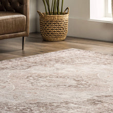 Load image into Gallery viewer, Enhance your space with this elegant large area rug, showcasing a light brown and beige design, made of 100% polyester with a flat pile and non-slip backing.