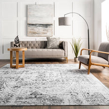 Load image into Gallery viewer, A modern, neutral-colored rug on a gray background; perfect for transitional or vintage style décor. Made of 100% polyester, machine-made in China.