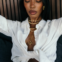 Load image into Gallery viewer, Gold Cross Necklace with center tiger eye stone. Gold-plated, stainless steel and waterproof.