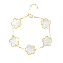 Load image into Gallery viewer, Gold bracelet with white clover-shaped mother of pearl charms.
