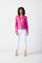 Load image into Gallery viewer, Fashionable woman in a pink leather jacket and white jeans, flaunting a classic straight silhouette and chic metal embellishments.
