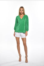 Load image into Gallery viewer, Add a pop of color to your outfit with the Gale Top Green Plisse by Julian Chang. This metallic green blouse features a playful design, allowing you to make a statement in style.