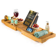 Load image into Gallery viewer, Bamboo bathtub caddy with extendable sides, mobile device tray & integrated wine holder for a luxurious spa-like experience at home.