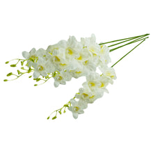 Load image into Gallery viewer, Stunning real touch faux orchid with bendable stems, featuring 7 lifelike white blooms on a white background.