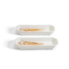 Load image into Gallery viewer, Ceramic corn dishes for buttery ears of corn or appetizers like nuts, olives, and carrot sticks. Bamboo-inspired design in white for versatile style.