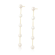 Load image into Gallery viewer, A pair of pearl drop earrings with 18K gold plating over sterling silver, featuring a 4-inch drop and hypoallergenic properties.