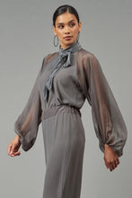 Load image into Gallery viewer, Stylish Tie-Neck Raglan Blouse from Lola & Sophie: chic and sassy with see-through arms, a neck tie for a fun touch. Spice up your wardrobe and wow everyone!