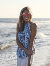 Load image into Gallery viewer, Blue and white printed ruched halter top by Lola & Sophie. Vibrant colors and dramatic ruching for a sophisticated summer look.