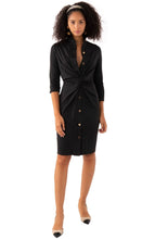 Load image into Gallery viewer, Gretchen Scott's black shirt dress in knotted fabric, accented with chic gold buttons.