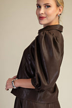 Load image into Gallery viewer, Dark chocolate brown metallic coated puff sleeve button down top.
