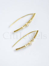 Load image into Gallery viewer, Chic CZ wire threader earrings showcasing three different shaped stones, available in sterling silver with gold, silver, rose gold, and black rhodium.


