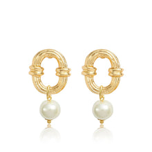 Load image into Gallery viewer, Creamy White Pearl Drop Ornamented Link Earrings: Gold
