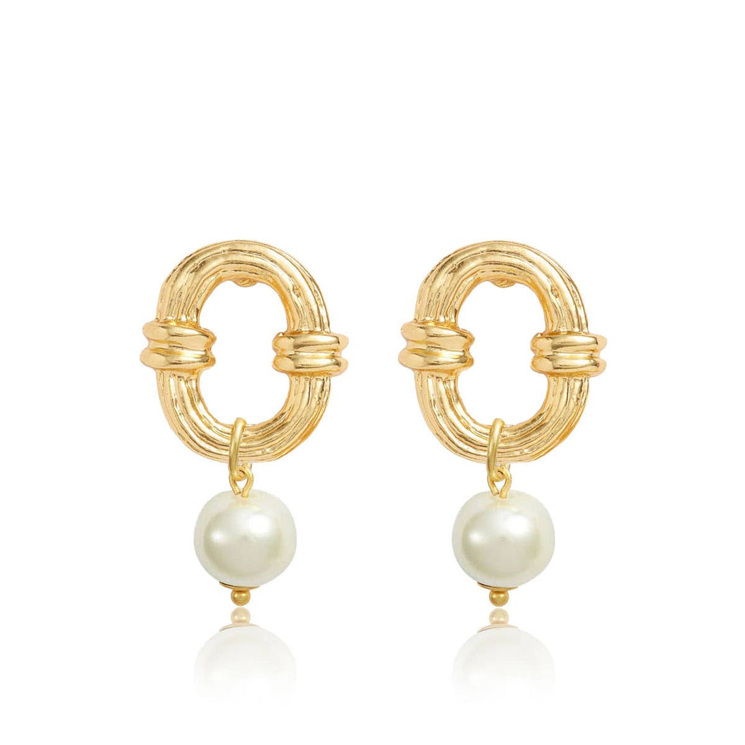 Creamy White Pearl Drop Ornamented Link Earrings: Gold