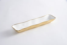 Load image into Gallery viewer, Cracker Tray: White porcelain with gold titanium. Ideal for crackers, small cookies, and treats. Food, dishwasher, and oven safe. Easy to maintain.
