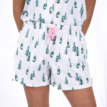 Load image into Gallery viewer, Christmas Cheers Sleep Shorts: Red and green plaid pattern with Santa Claus and reindeer designs.
