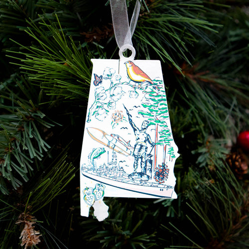 Ornament featuring Alabama symbols: state bird & rocket, perfect for displaying state pride subtly.