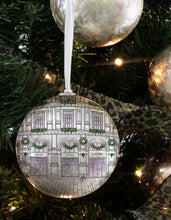 Load image into Gallery viewer, Christmas Bauble inspired by Dior J&#39;adore: White Decoupage Baubles, beautifully shiny with intricate illustrations, hung on white organza ribbon.
