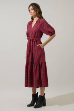 Load image into Gallery viewer, Plaid Chapman Red, Green and White Midi Tiered Dress with Short Puff Sleeve and waist tie.
