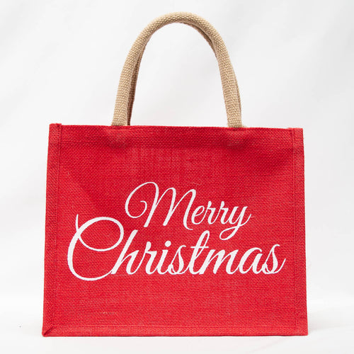 Memorable and reusable jute gift tote, perfect for Christmas traditions. Red and white colors symbolize the season's joy.