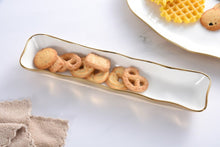 Load image into Gallery viewer, Stylish cracker tray for small treats. White porcelain with gold titanium. Food, dishwasher, oven safe to 500°. Easy to clean.
