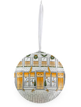 Load image into Gallery viewer, Hermes-inspired Christmas ornament: White Decoupage Baubles adorned with stunning illustrations, hanging on a white organza ribbon.
