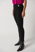 Load image into Gallery viewer, Luxurious bonded silk straight-leg pants with elastic waistband, gold buckles, and JR ornament for versatile, refined style.
