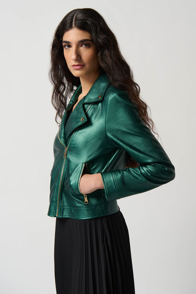 Metallic Faux Leather Biker Jacket - Joseph Ribkoff