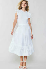 Load image into Gallery viewer, Chic white midi dress with ruffled hem, short sleeves, and a clingy sweater bodice for a stylish and textured ensemble.
