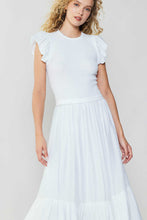 Load image into Gallery viewer, White midi dress with short sleeves, ruffled hem, and mixed-media construction for a breezy, textured look.&quot;

