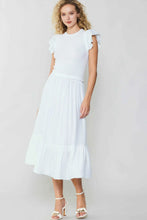 Load image into Gallery viewer, Elegant white midi dress with ruffled short sleeves and a mix of textures. Sweater bodice, breezy ruffled hem, and a flattering mid-length skirt. 
