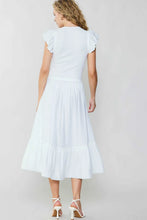 Load image into Gallery viewer, Sweater bodice, short-sleeved white midi dress with ruffled hem. Rib knit top and long, flowy skirt for a breezy look. 
