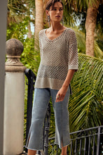 Load image into Gallery viewer, Stylishly dressed woman in a knit top and jeans, highlighting fashionable culotte jeans with frayed hems and an embellished front seam.
