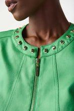 Load image into Gallery viewer, Expertly crafted green jacket with non-functional zipper pockets, exuding edgy flair and a refined hook and eye closure.
