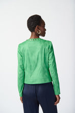 Load image into Gallery viewer, Capture the allure of a woman in a green jacket from behind. This foiled suede masterpiece features non-functional zipper pockets and a refined hook and eye closure for a sophisticated look.
