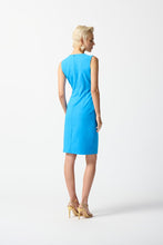 Load image into Gallery viewer, Sleeveless lux twill dress with crew neck, overlay with delicate waist ornament, sheath silhouette, and sleek back zipper.
