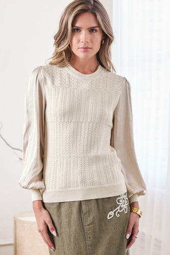 Champagne Woven Satin Long Sleeve Sweater Top.