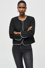 Load image into Gallery viewer, Chic bouclé jacket with textured fabric, contrast trim, and faux pockets, ideal for enhancing both office and casual looks.
