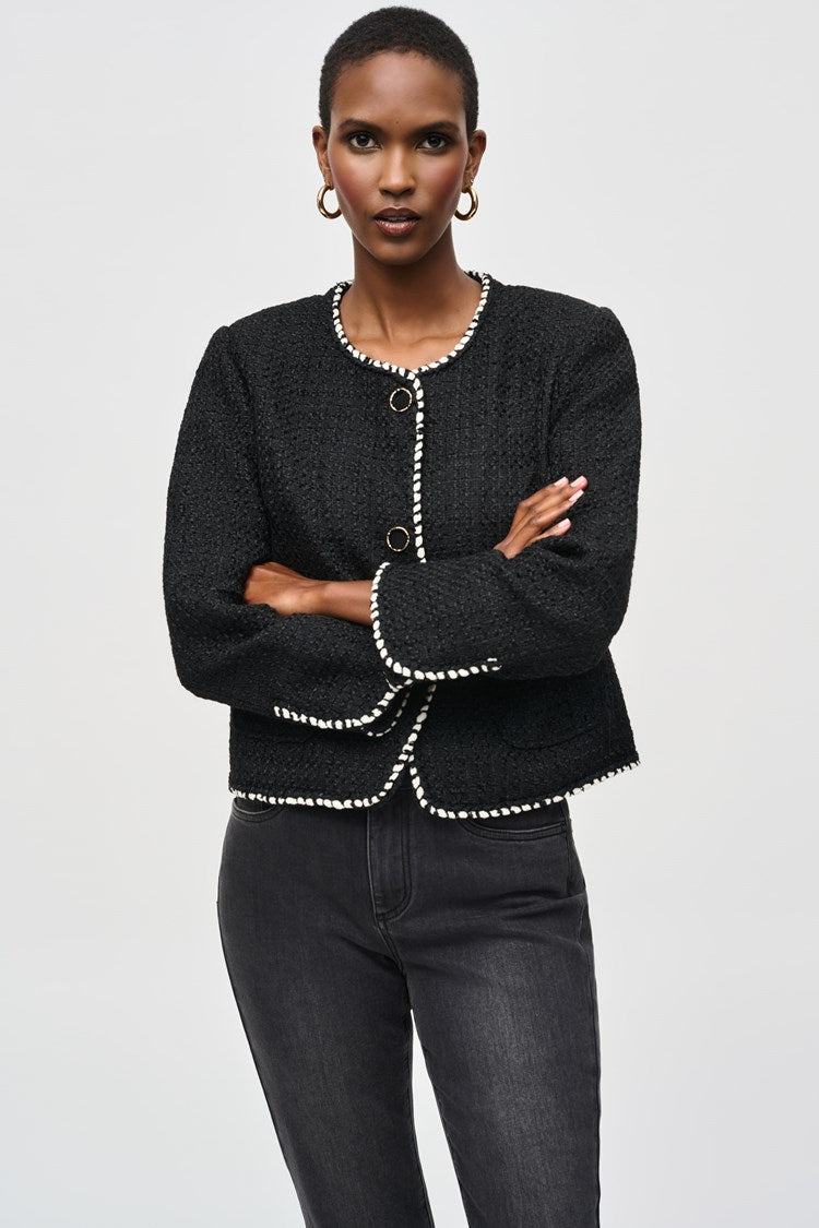 Chic bouclé jacket with textured fabric, contrast trim, and faux pockets, ideal for enhancing both office and casual looks.