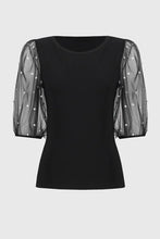 Load image into Gallery viewer, Luxurious silky knit top with puffed mesh sleeves and pearl accents, perfect for enchanting date nights or sophisticated events.
