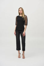 Load image into Gallery viewer, Elegant fitted top featuring silky fabric and puffed mesh sleeves embellished with pearls, ideal for a romantic evening out.
