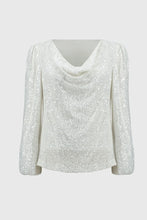Load image into Gallery viewer, Elegant sequined top with a draped cowl neckline, perfect for pairing with pants or a skirt for a fabulous look.

