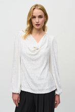 Load image into Gallery viewer, This elegant sequined top features a draped cowl neckline, perfect for pairing with pants or a skirt for a chic ensemble.
