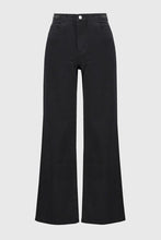 Load image into Gallery viewer, Wide-leg denim pants with side metallic trims on the waistband, adding a playful touch and flattering high waist for leg elongation.
