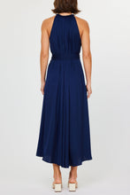 Load image into Gallery viewer, Stunning crochet trim halter neck dress in red and navy, ideal for beach outings, garden parties, or evening gatherings.

